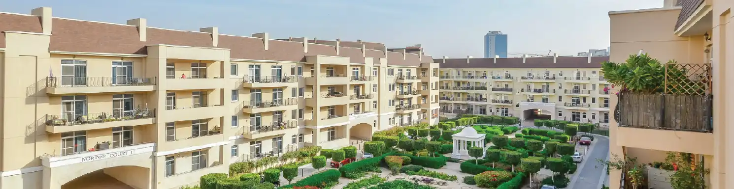 A panoramic view of an emerging Dubai neighbourhood with modern architecture and green spaces.